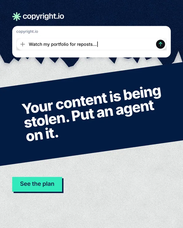 Instagram portrait post for copyright.io: "Your content is being stolen. Put an agent on it." Paper trio style, diagonal layout, light palette in white, blue.