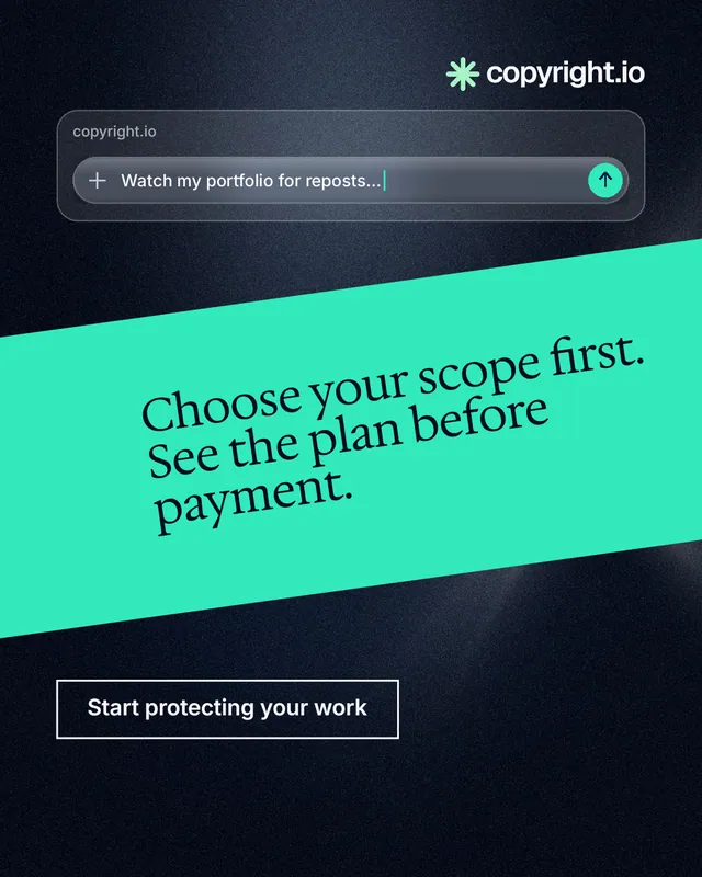 Instagram portrait post for copyright.io: "Choose your scope first. See the plan before payment." Dark deco style, diagonal layout, dark palette in teal, black, blue.