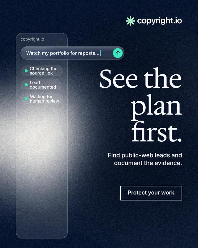 Instagram portrait post for copyright.io: "See the plan first." Cyanotype style, right layout, dark palette in blue, grey, black.
