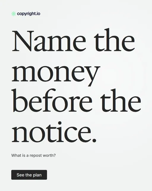Video for copyright.io: "Name the money before the notice.". Doc motion loop, 8.0 s, light palette.