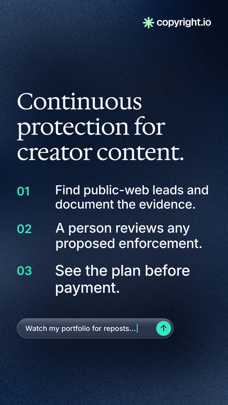 Instagram story for copyright.io: "Continuous protection for creator content." Agentic glass style, numbered layout, dark palette in blue, black, grey.