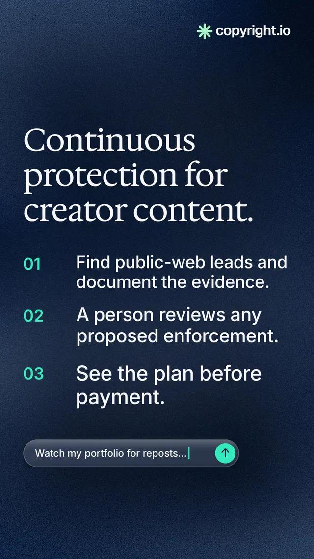 Instagram story for copyright.io: "Continuous protection for creator content." Agentic glass style, numbered layout, dark palette in blue, black, grey.