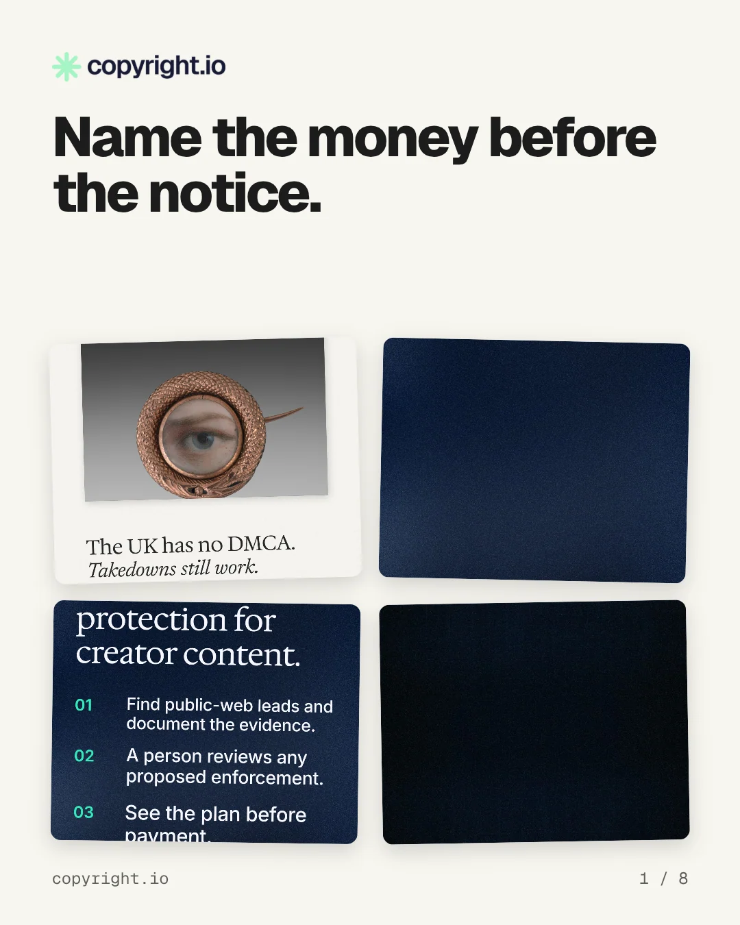 Carousel for copyright.io: "Name the money before the notice.". Collection carousel, 8 slides, light palette.