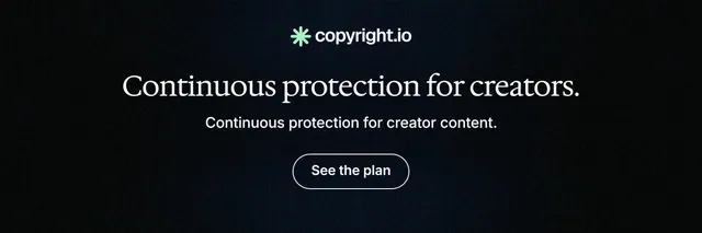 X header for copyright.io: "Continuous protection for creators." Phosphor atlas style, centred layout, dark palette in black, blue.