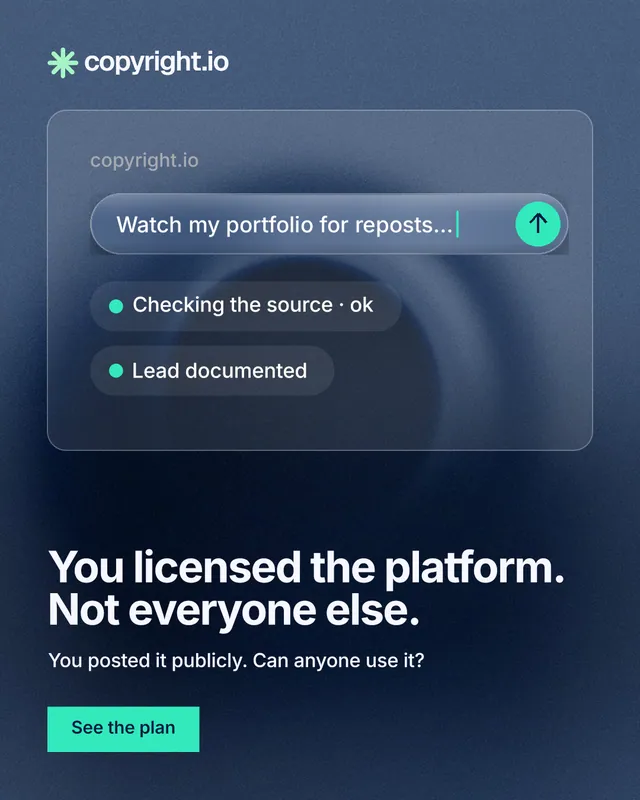 Instagram portrait post for copyright.io: "You licensed the platform. Not everyone else." Swiss style, bottom layout, dark palette in blue.
