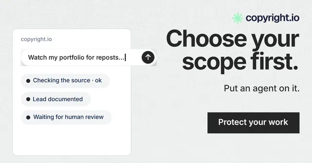 Social ad for copyright.io: "Choose your scope first." Swiss style, right layout, light palette in white, grey.