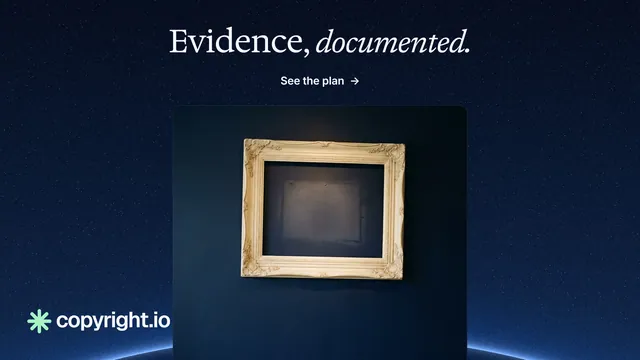 Landscape graphic for copyright.io: "Evidence, documented." Agentic glass style, ogui layout, dark palette in blue, black, grey.