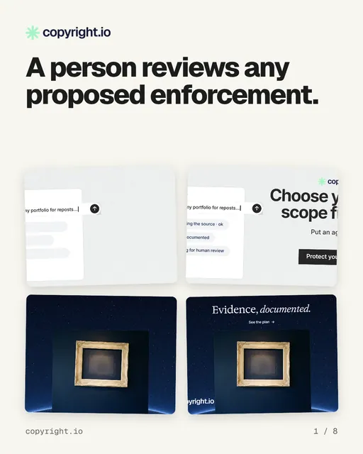 Carousel for copyright.io: "A person reviews any proposed enforcement.". Collection carousel, 8 slides, light palette.