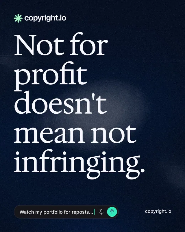 Instagram portrait post for copyright.io: "Not for profit doesn't mean not infringing." Thermal style, poster layout, dark palette in black, blue, grey.