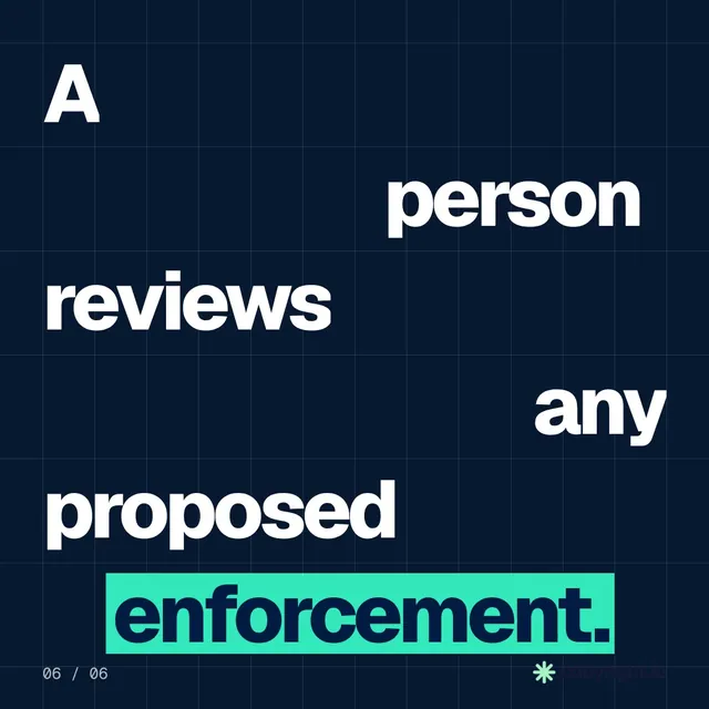 Video for copyright.io: "A person reviews any proposed enforcement.". Kinetic type grid, 6.0 s, dark palette.
