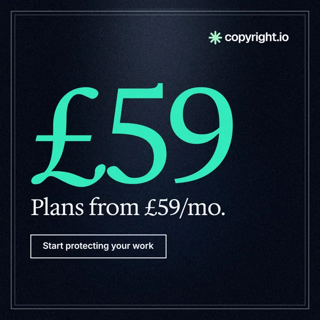Instagram post for copyright.io: "Your content is being stolen. Put an agent on it." Dark deco style, stat layout, dark palette in black, blue, teal.