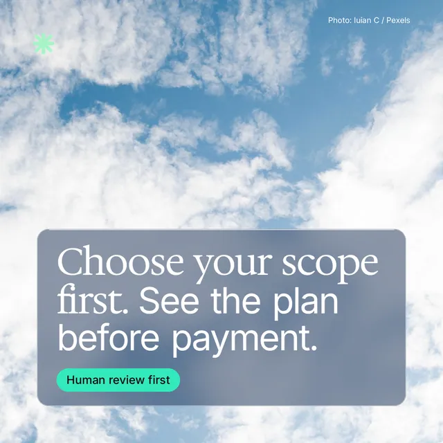Instagram post for copyright.io: "Choose your scope first. See the plan before payment." Glass style, technique:pexels ingredient layout, light palette in blue, white.