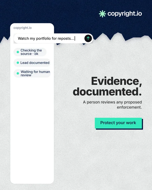 Instagram portrait post for copyright.io: "Evidence, documented." Paper trio style, right layout, light palette in white, blue.
