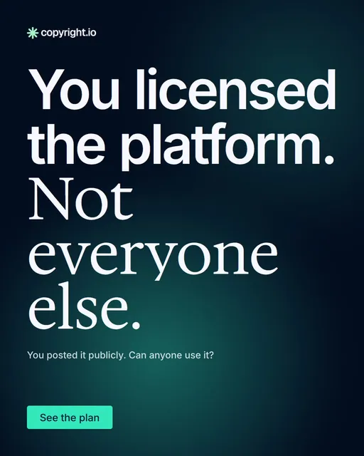 Video for copyright.io: "You licensed the platform. Not everyone else.". Doc motion loop, 8.0 s, dark palette.