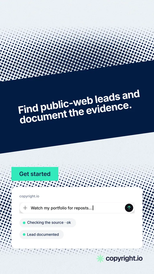 Instagram story for copyright.io: "Find public-web leads and document the evidence." Swiss style, diagonal layout, light palette in blue, white, grey.