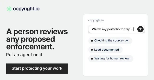 Social ad for copyright.io: "A person reviews any proposed enforcement." Swiss style, bottom layout, light palette in white, grey.