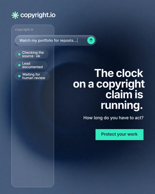 Instagram portrait post for copyright.io: "The clock on a copyright claim is running." Swiss style, right layout, dark palette in blue.