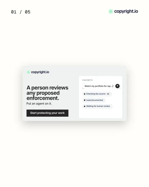 Video for copyright.io. Ad flipbook, 7.5 s, light palette.