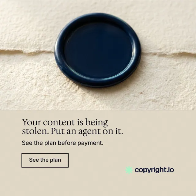 Instagram post for copyright.io: "Your content is being stolen. Put an agent on it." Editorial style, bottom layout, light palette in orange, yellow, black.