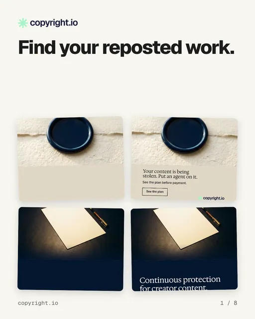 Carousel for copyright.io: "Find your reposted work.". Collection carousel, 8 slides, light palette.