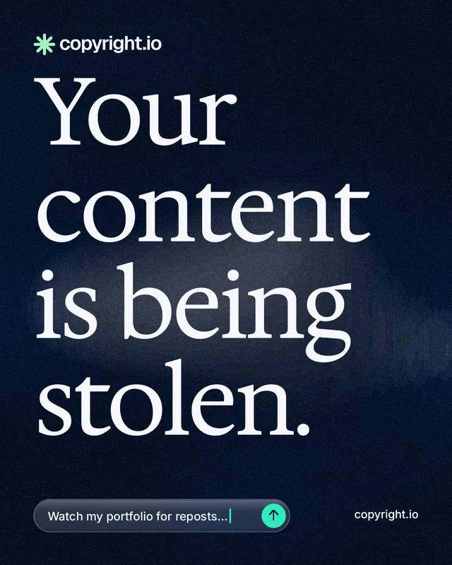 Instagram portrait post for copyright.io: "Your content is being stolen." Thermal style, poster layout, dark palette in black, blue, grey.