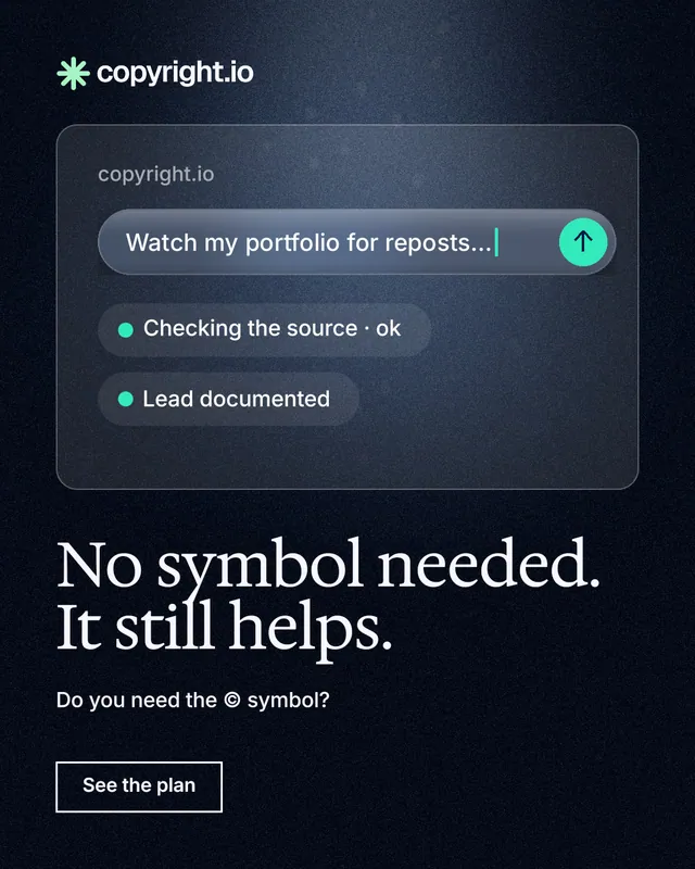 Instagram portrait post for copyright.io: "No symbol needed. It still helps." Dark deco style, bottom layout, dark palette in black, blue, grey.