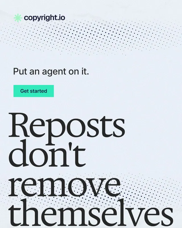 Instagram portrait post for copyright.io: "Reposts don't remove themselves." Swiss style, oversized layout, light palette in white, blue, grey.
