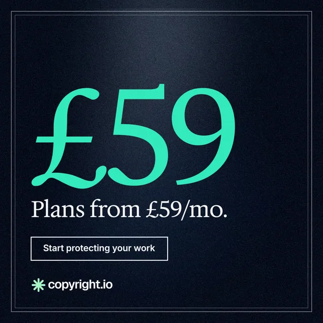 Instagram post for copyright.io: "See the plan first." Dark deco style, stat layout, dark palette in black, teal.