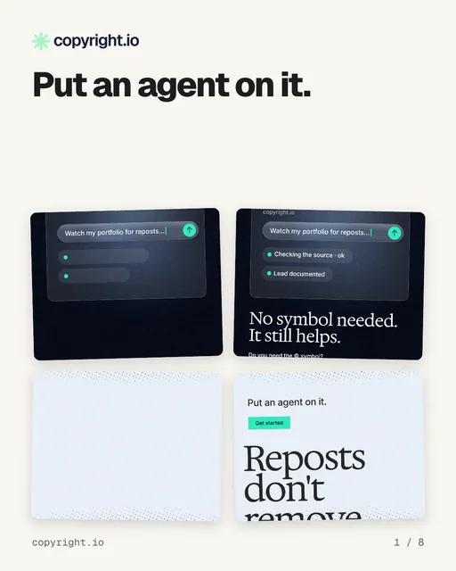 Carousel for copyright.io: "Put an agent on it.". Collection carousel, 8 slides, light palette.