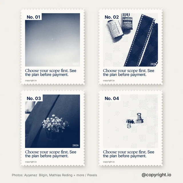 Instagram post for copyright.io: "Choose your scope first. See the plan before payment." Sheet style, technique:stamp series layout, light palette in white, grey.
