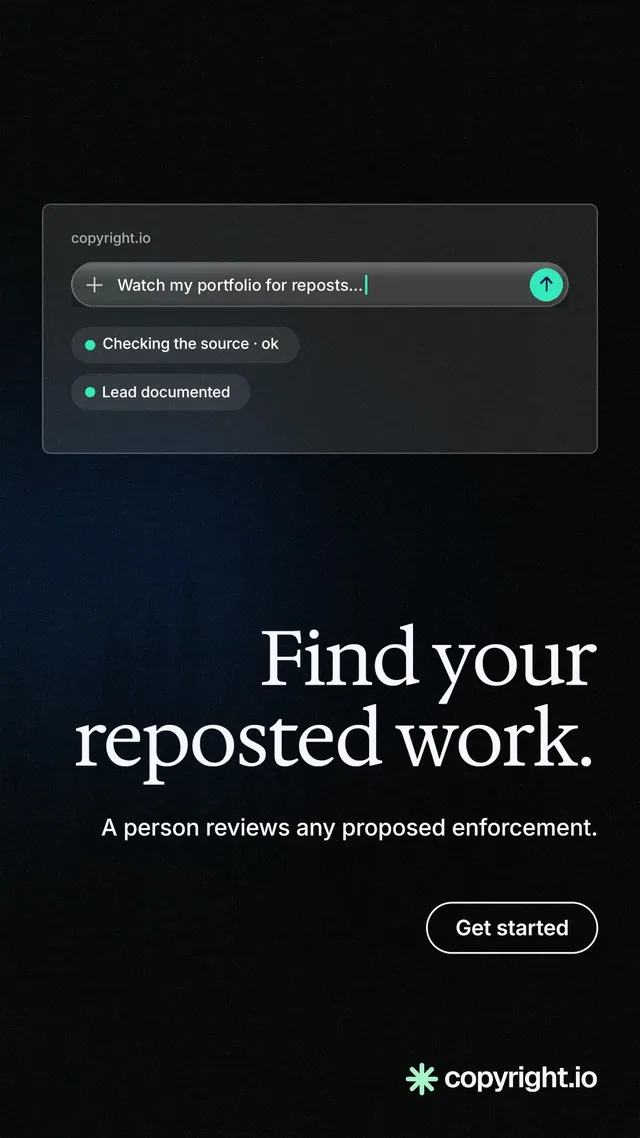 Instagram story for copyright.io: "Find your reposted work." Phosphor atlas style, right layout, dark palette in black, grey.