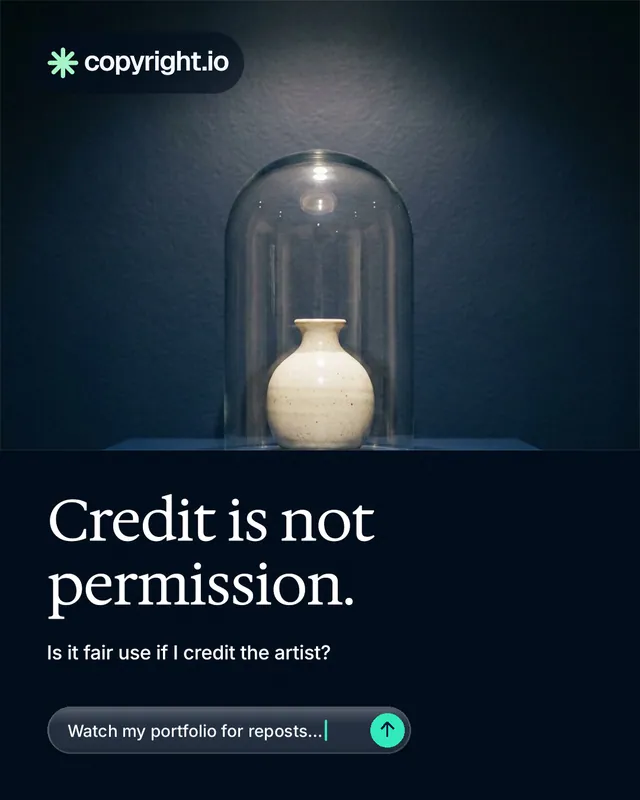 Instagram portrait post for copyright.io: "Credit is not permission." Agentic glass style, bottom layout, dark palette in blue, black, grey.