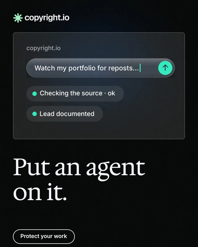 Instagram portrait post for copyright.io: "Put an agent on it." Phosphor atlas style, bottom layout, dark palette in black, grey.