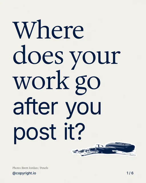 Carousel for copyright.io: "Where does your work go after you post it?". Cutout essay, 6 slides, light palette.