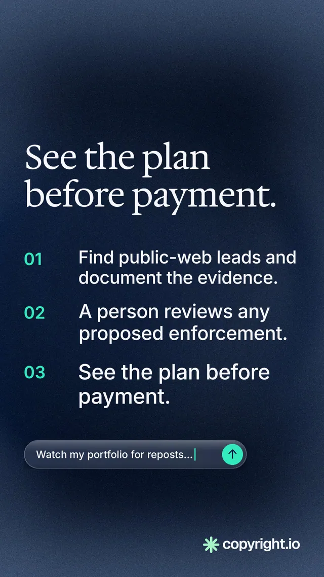 Instagram story for copyright.io: "See the plan before payment." Agentic glass style, numbered layout, dark palette in blue, black, grey.