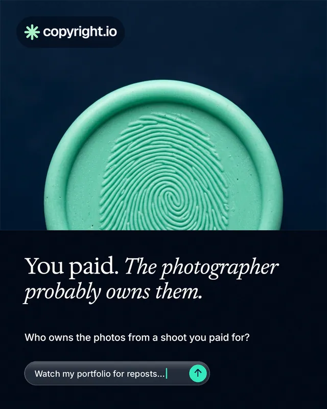 Instagram portrait post for copyright.io: "You paid. The photographer probably owns them." Agentic glass style, bottom layout, dark palette in black, teal, blue.