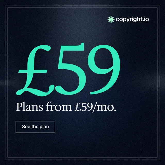 Instagram post for copyright.io: "Protect your work." Dark deco style, stat layout, dark palette in blue, black, teal.