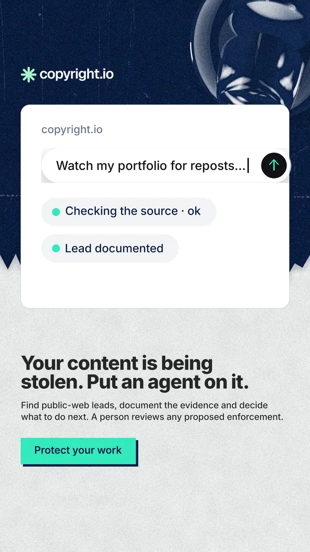 Instagram story for copyright.io: "Your content is being stolen. Put an agent on it." Paper trio style, bottom layout, light palette in white, blue.