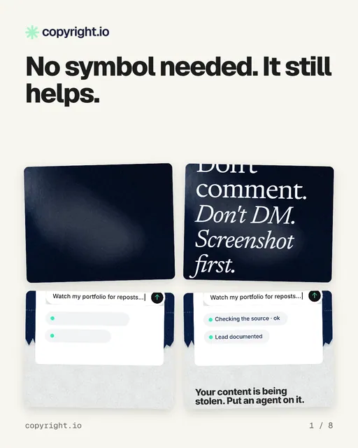 Carousel for copyright.io: "No symbol needed. It still helps.". Collection carousel, 8 slides, light palette.