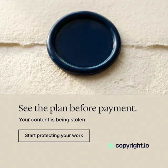 Instagram post for copyright.io: "See the plan before payment." Editorial style, bottom layout, light palette in orange, yellow, grey.