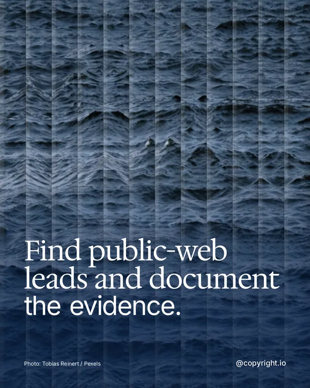 Instagram portrait post for copyright.io: "Find public-web leads and document the evidence." Photo style, technique:fluted glass layout, dark palette in blue, grey.