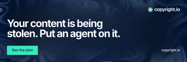 X header for copyright.io: "Your content is being stolen. Put an agent on it." Swiss style, poster layout, dark palette in blue, black, teal.