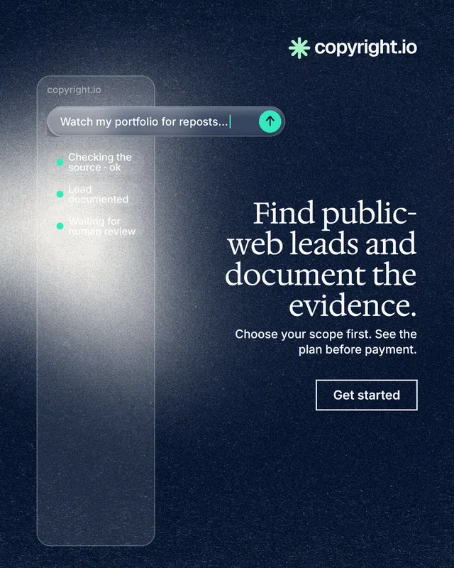 Instagram portrait post for copyright.io: "Find public-web leads and document the evidence." Cyanotype style, right layout, dark palette in blue, grey, black.