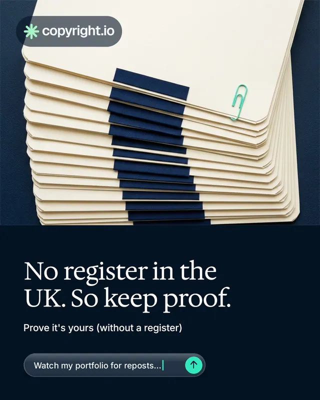 Instagram portrait post for copyright.io: "No register in the UK. So keep proof." Agentic glass style, bottom layout, dark palette in yellow, black, blue.