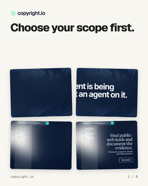 Carousel for copyright.io: "Choose your scope first.". Collection carousel, 8 slides, light palette.