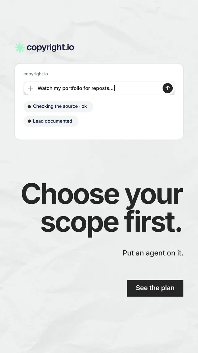 Instagram story for copyright.io: "Choose your scope first." Swiss style, right layout, light palette in white, grey.
