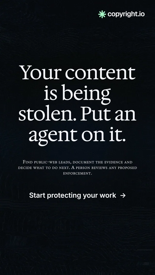 Instagram story for copyright.io: "Your content is being stolen. Put an agent on it." Phosphor atlas style, smallcaps layout, dark palette in black, grey.