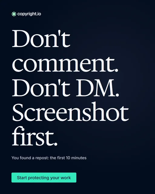 Video for copyright.io: "Don't comment. Don't DM. Screenshot first.". Doc motion loop, 8.0 s, dark palette.