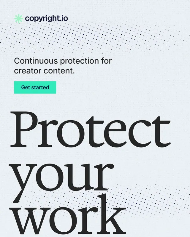 Instagram portrait post for copyright.io: "Protect your work." Swiss style, oversized layout, light palette in white, blue, grey.