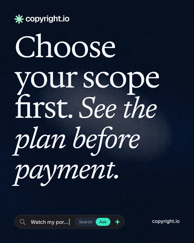 Instagram portrait post for copyright.io: "Choose your scope first. See the plan before payment." Thermal style, poster layout, dark palette in black, blue, grey.